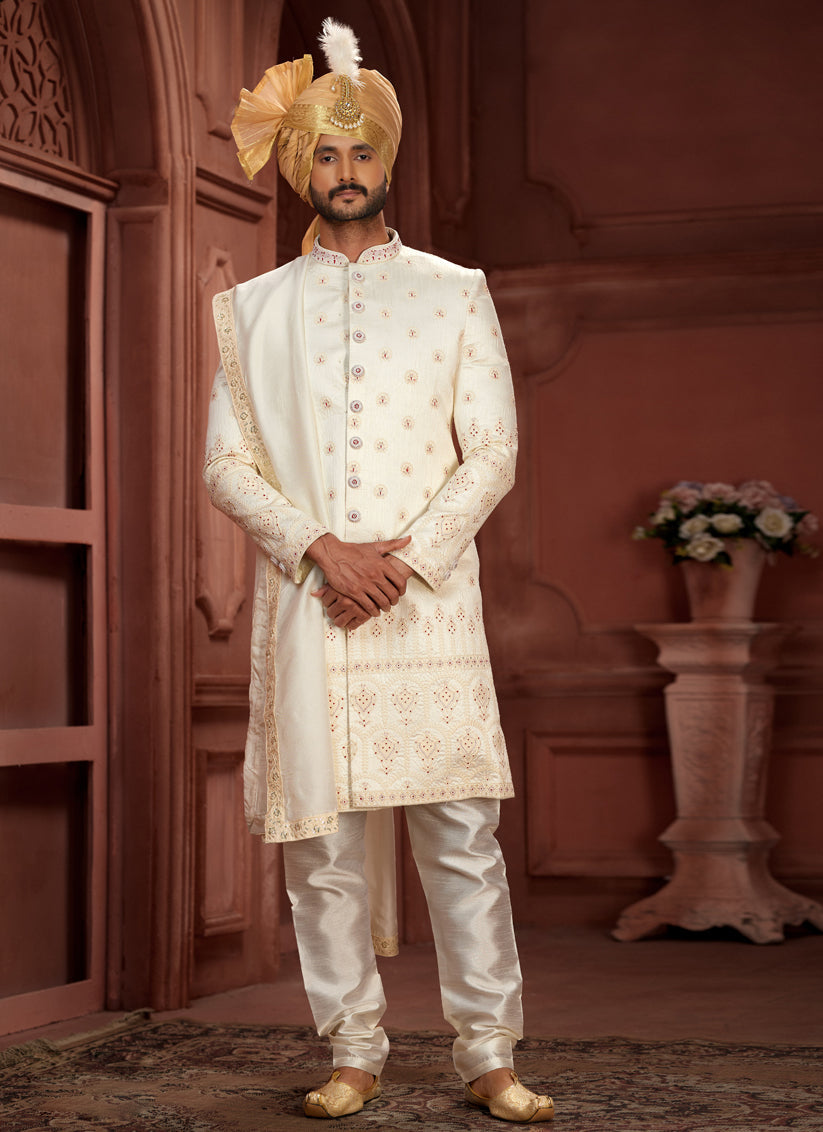 Cream Pure Silk Designer Wedding Sherwani