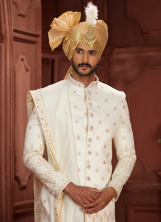 Cream Pure Silk Designer Wedding Sherwani