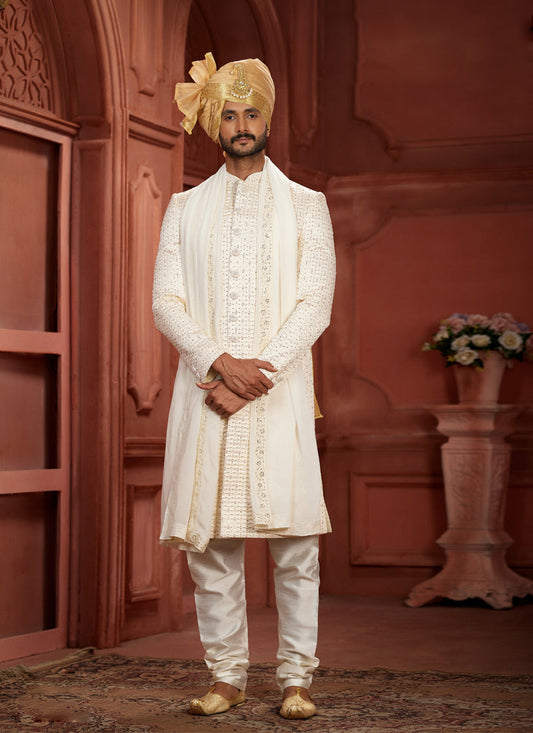 Cream Pure Silk Designer Wedding Sherwani