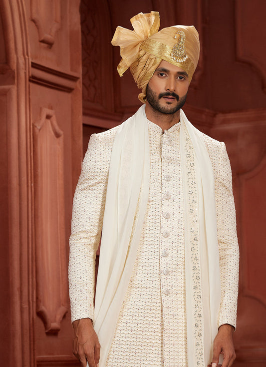 Cream Pure Silk Designer Wedding Sherwani