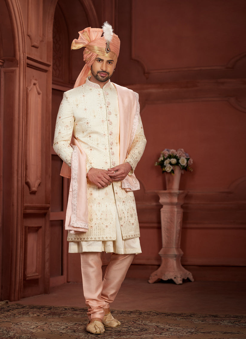 Cream Pure Silk Designer Wedding Sherwani
