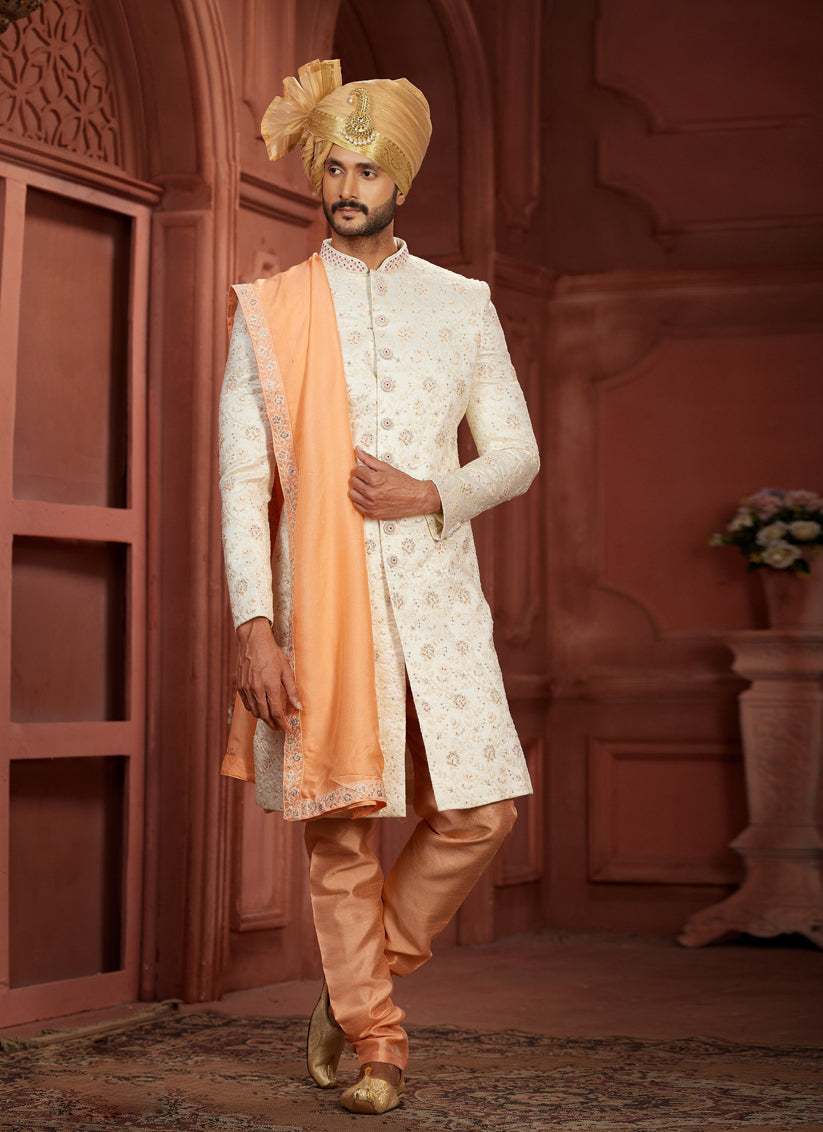Cream Pure Silk Designer Wedding Sherwani