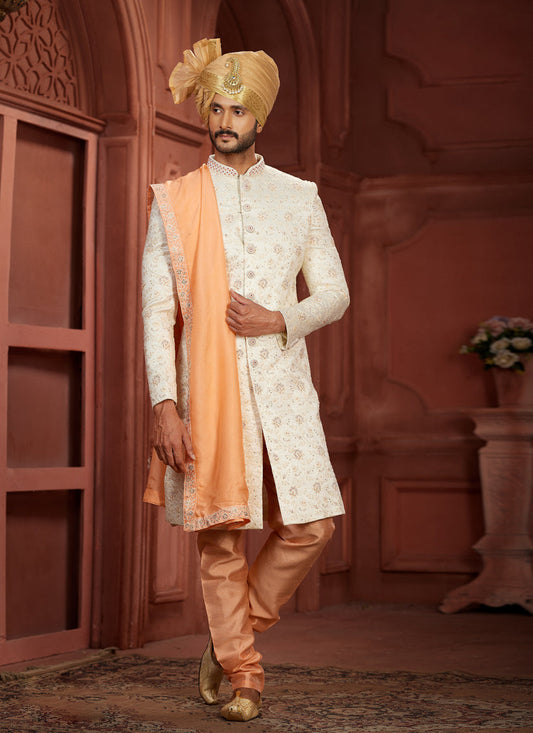 Cream Pure Silk Designer Wedding Sherwani