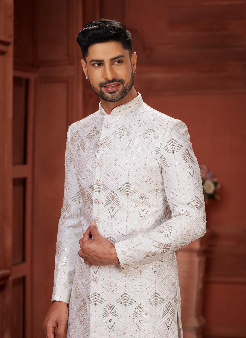 Off White Pure Silk Designer Wedding Sherwani