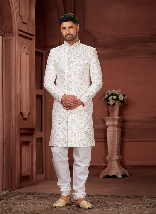 Off White Pure Silk Designer Wedding Sherwani