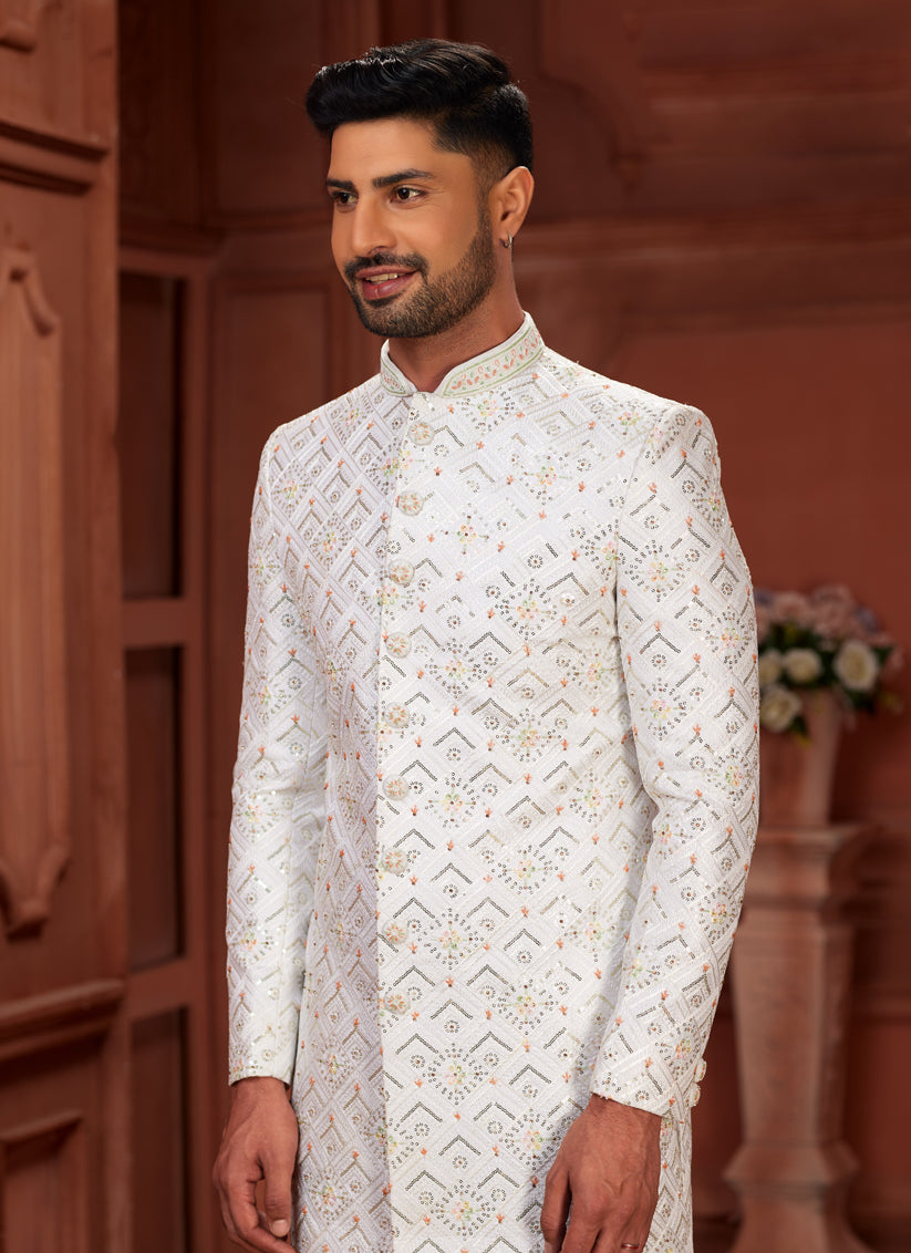 Off White Pure Silk Designer Wedding Sherwani