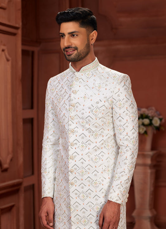 Off White Pure Silk Designer Wedding Sherwani