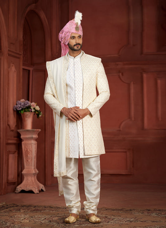 Off White Pure Silk Designer Wedding Sherwani