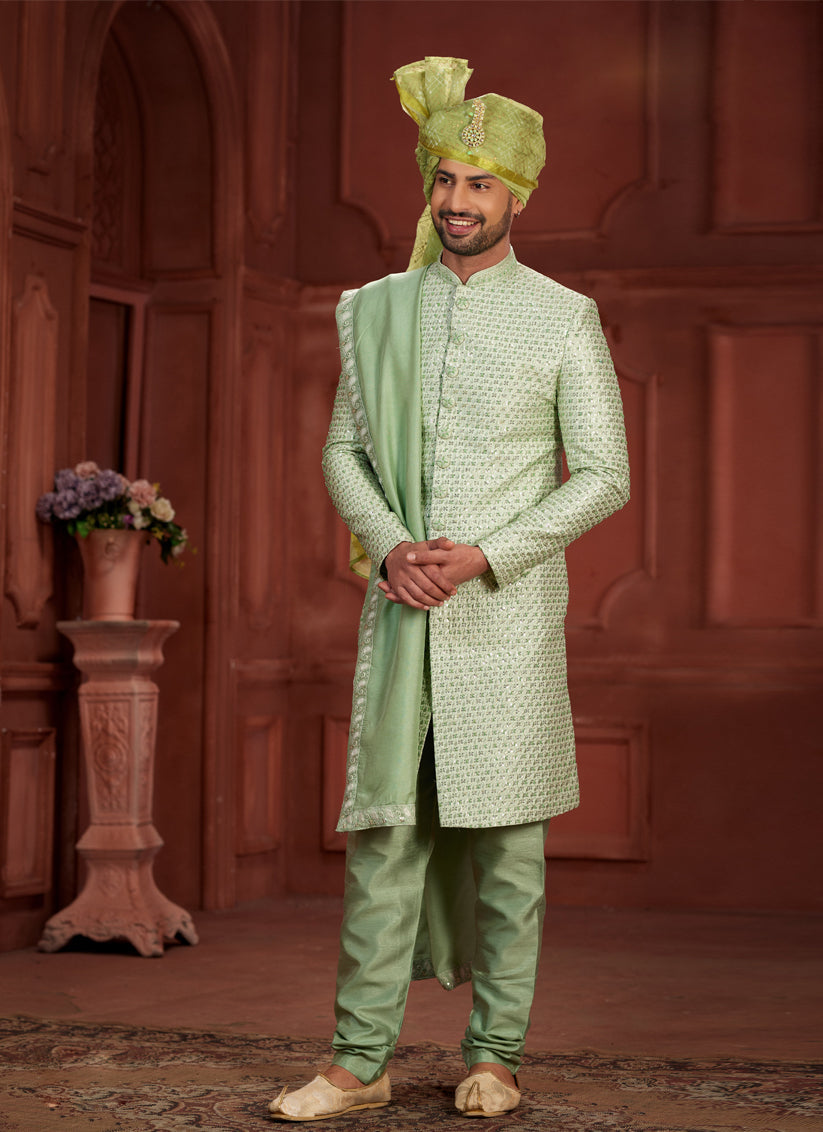 Pastel Green Pure Silk Designer Wedding Sherwani