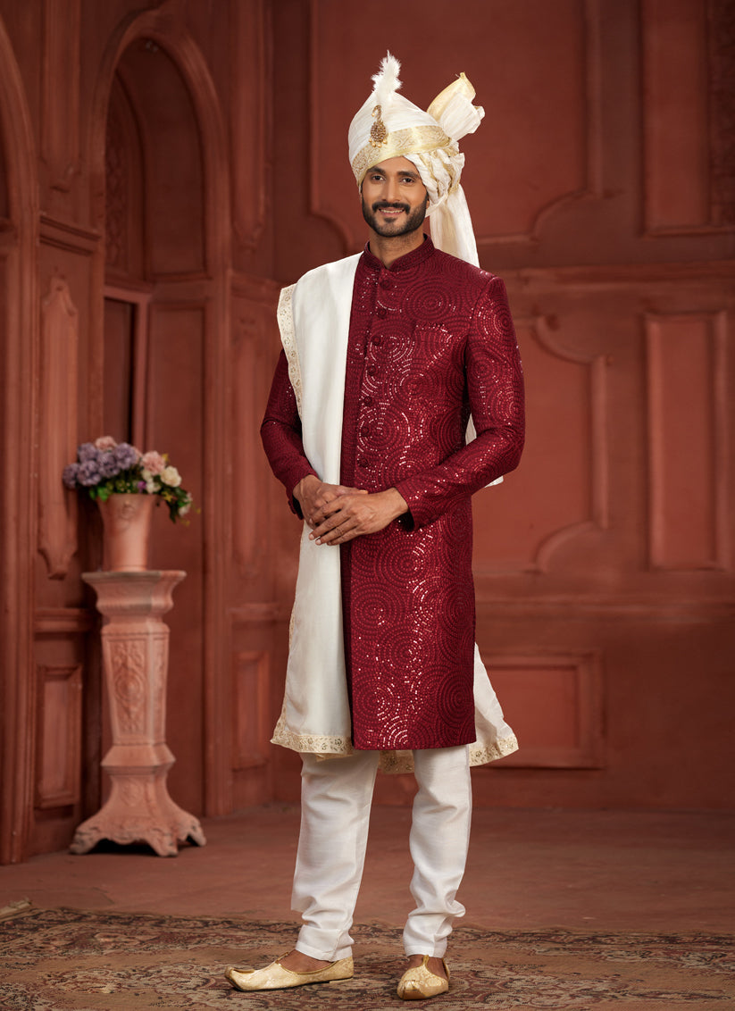 Maroon Pure Silk Designer Wedding Sherwani