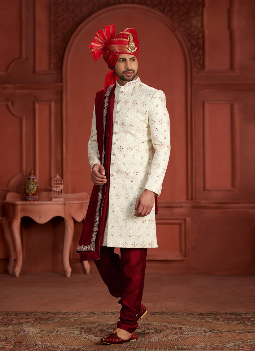 Cream Pure Silk Designer Wedding Sherwani