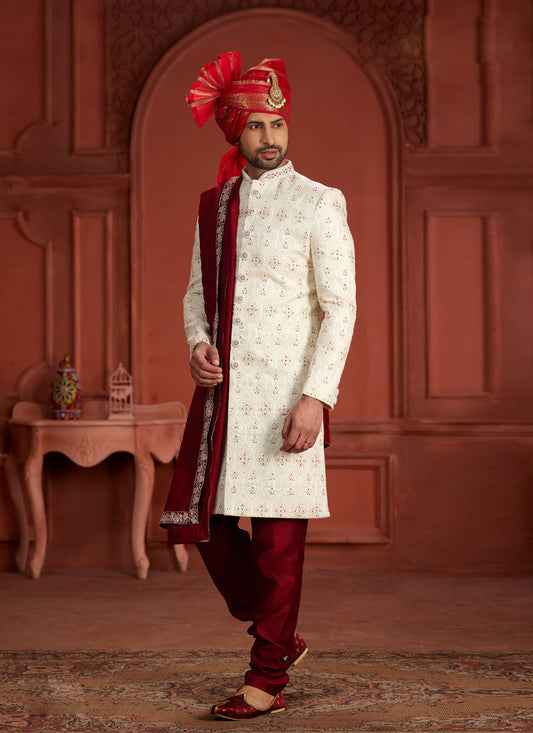 Cream Pure Silk Designer Wedding Sherwani
