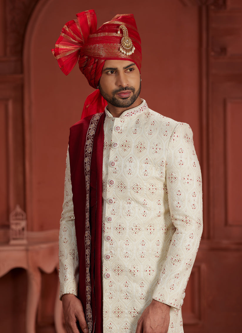Cream Pure Silk Designer Wedding Sherwani
