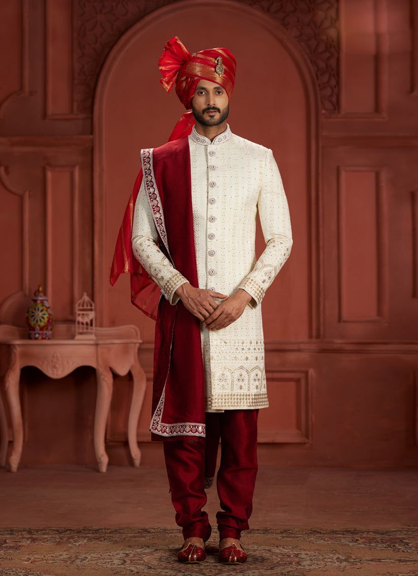 Cream Pure Silk Designer Wedding Sherwani