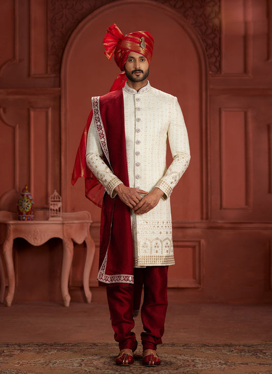 Cream Pure Silk Designer Wedding Sherwani