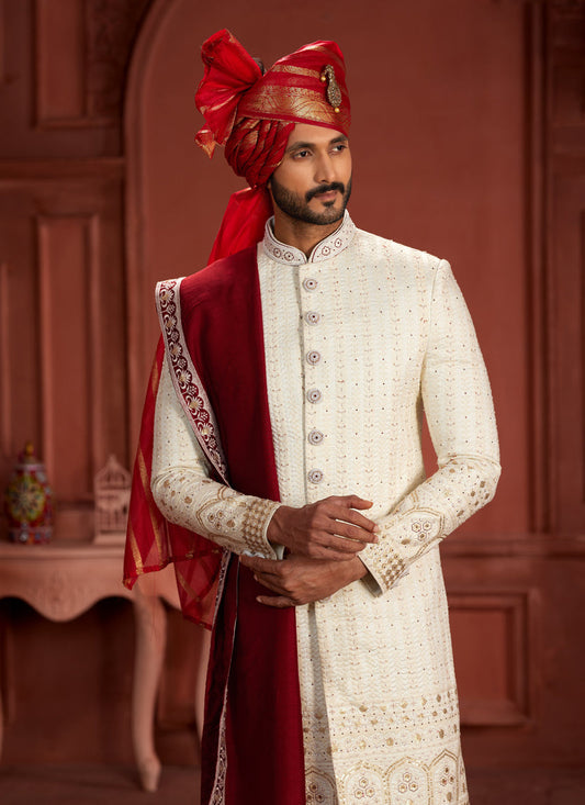 Cream Pure Silk Designer Wedding Sherwani