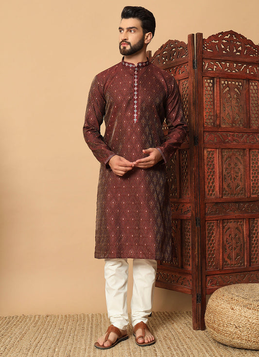 Garnet Brown Jacquard Mens Kurta Pajama Set