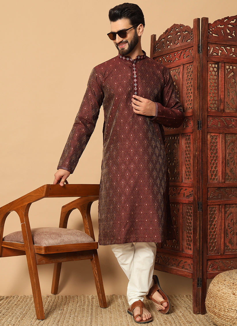 Garnet Brown Jacquard Mens Kurta Pajama Set