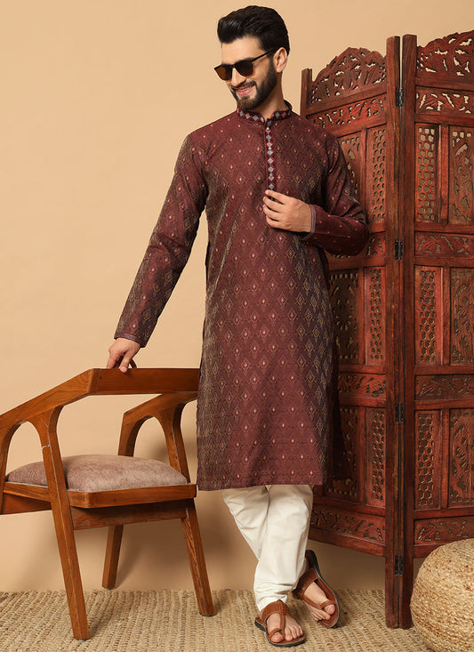 Garnet Brown Jacquard Mens Kurta Pajama Set