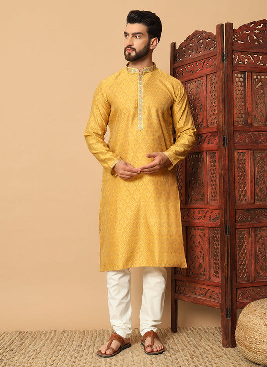 Yellow Jacquard Mens Kurta Pajama Set