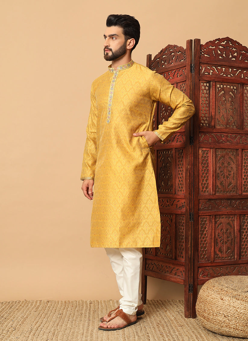 Yellow Jacquard Mens Kurta Pajama Set