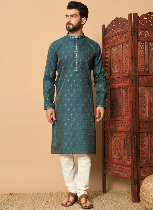 Teal Blue Jacquard Mens Kurta Pajama Set