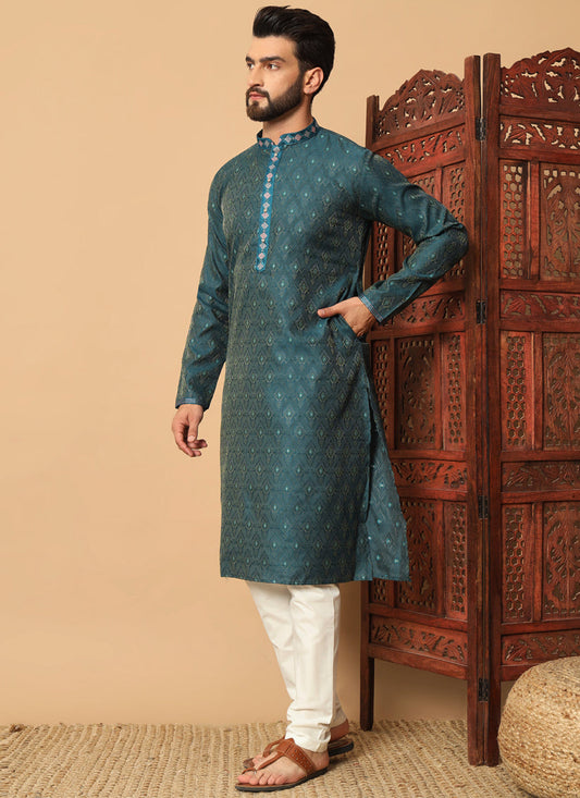 Teal Blue Jacquard Mens Kurta Pajama Set
