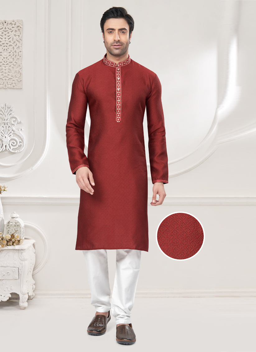 Maroon Jacquard Mens Kurta Pajama Set