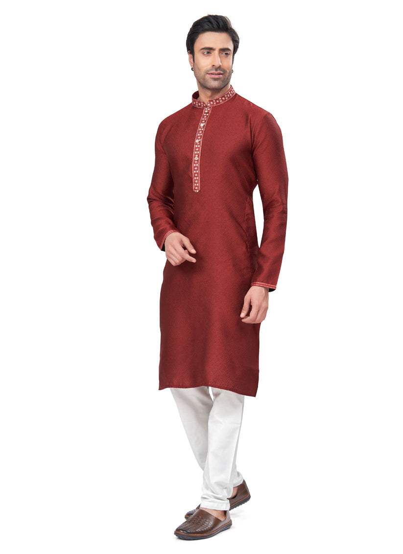 Maroon Jacquard Mens Kurta Pajama Set