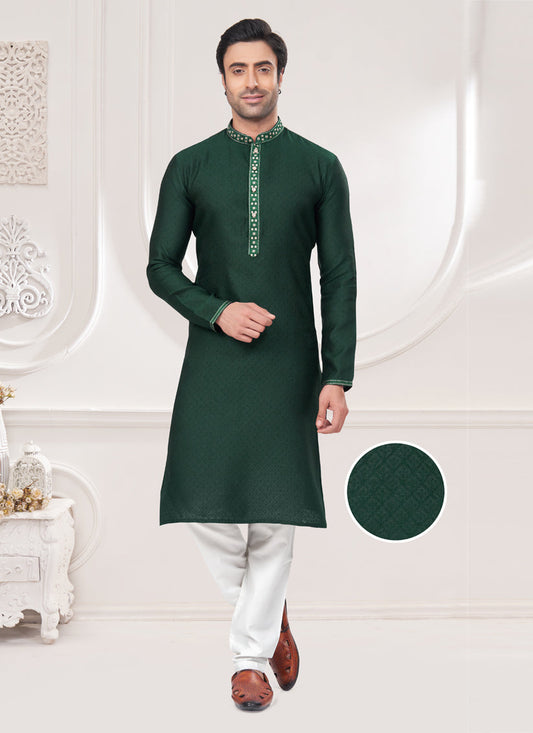 Bottle Green Jacquard Mens Kurta Pajama Set