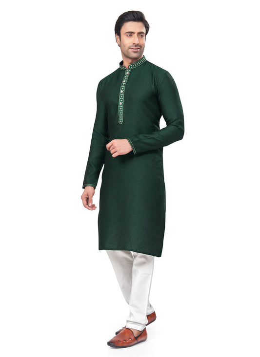 Bottle Green Jacquard Mens Kurta Pajama Set