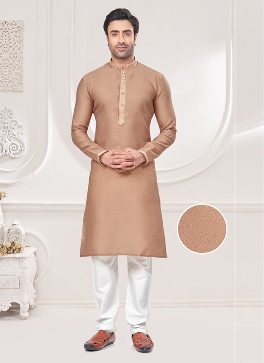 Beige Jacquard Mens Kurta Pajama Set
