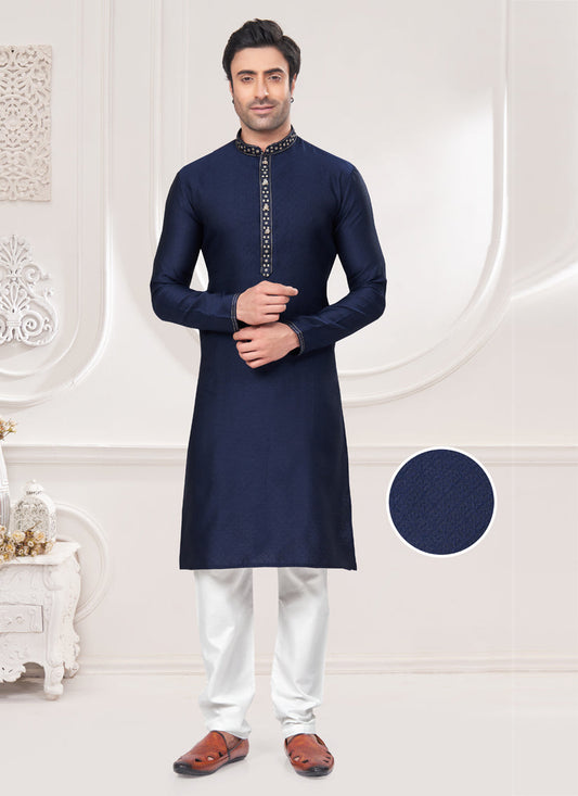 Navy Blue Jacquard Mens Kurta Pajama Set