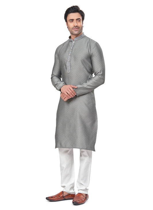Smoke Grey Jacquard Mens Kurta Pajama Set