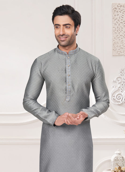 Smoke Grey Jacquard Mens Kurta Pajama Set