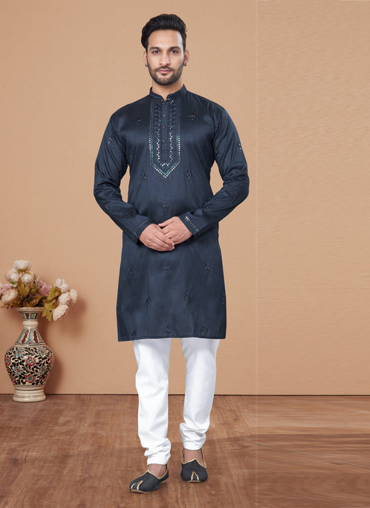 Midnight Blue Embroidered Silk Mens Kurta Pajama Set