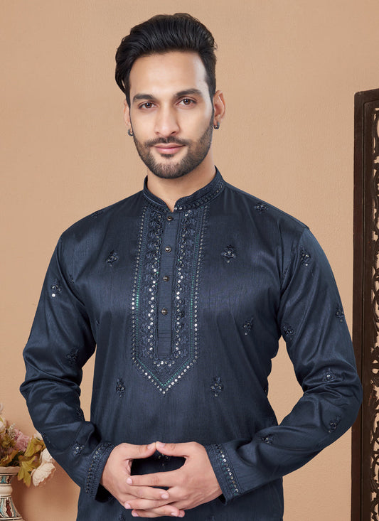 Midnight Blue Embroidered Silk Mens Kurta Pajama Set