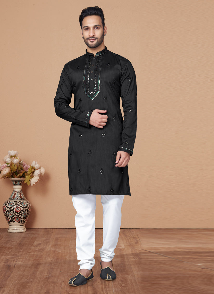 Black Embroidered Silk Mens Kurta Pajama Set