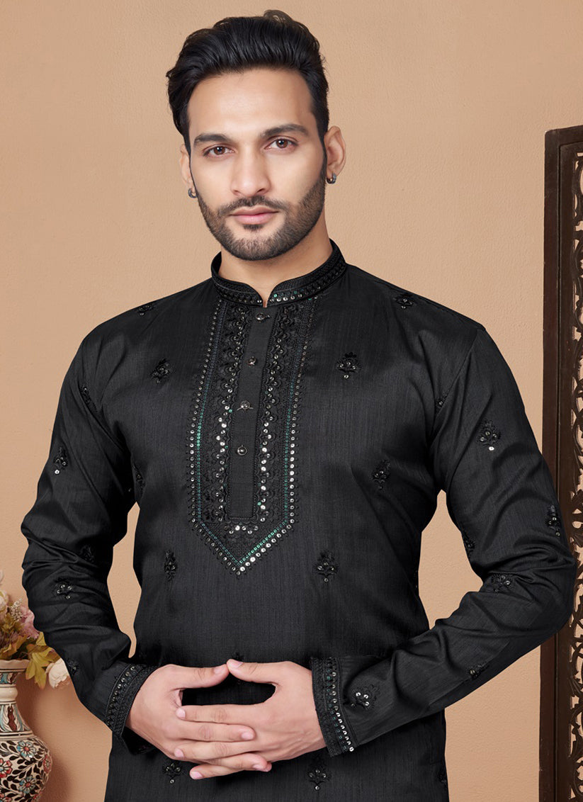 Black Embroidered Silk Mens Kurta Pajama Set