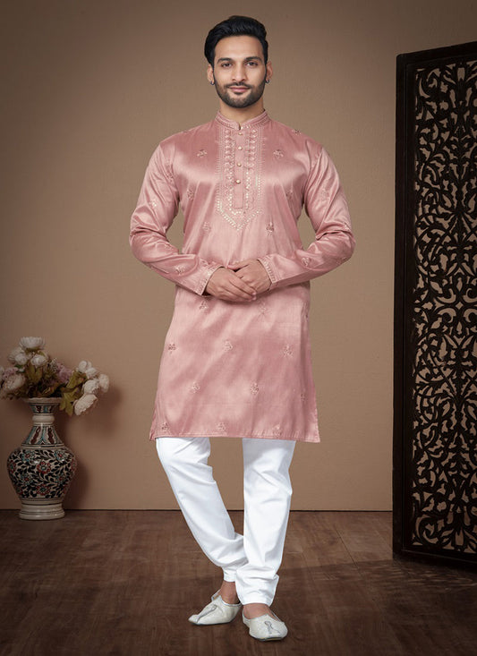 Coral Pink Embroidered Silk Mens Kurta Pajama Set