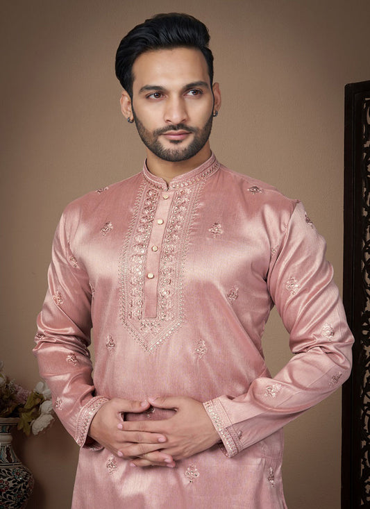 Coral Pink Embroidered Silk Mens Kurta Pajama Set