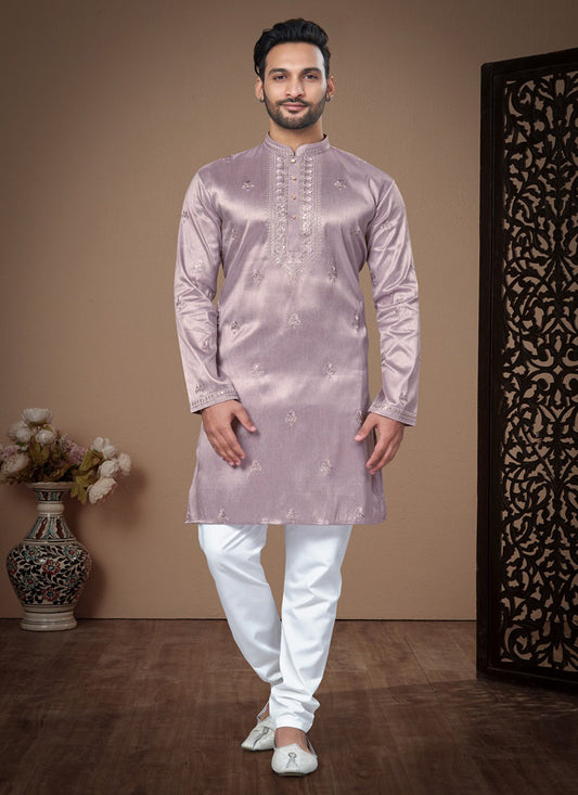 Lavender Grey Embroidered Silk Mens Kurta Pajama Set