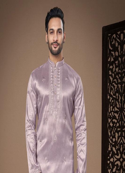 Lavender Grey Embroidered Silk Mens Kurta Pajama Set