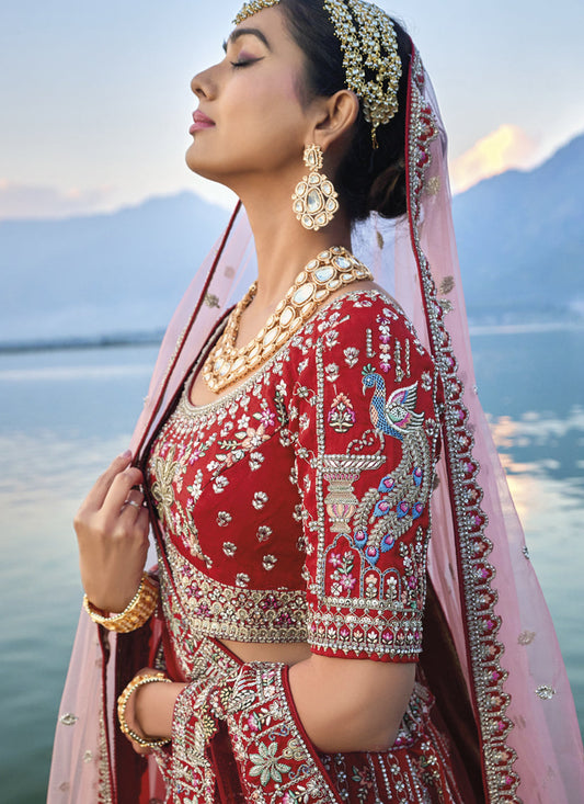 Hot Red Silk Embroidered Bridal Lehenga Choli