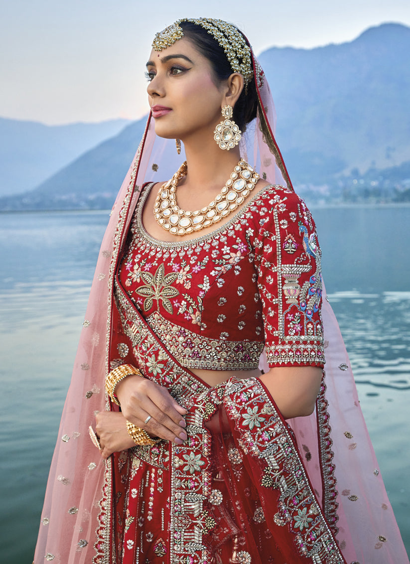 Hot Red Silk Embroidered Bridal Lehenga Choli