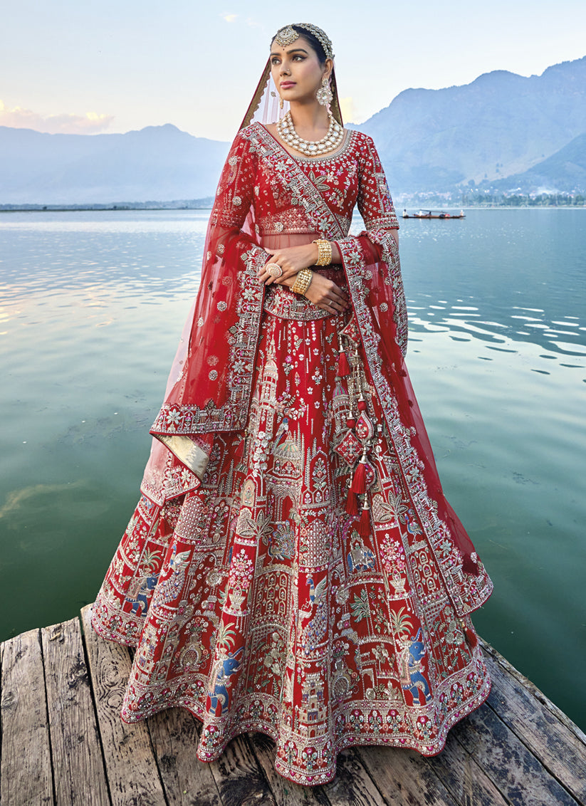 Hot Red Silk Embroidered Bridal Lehenga Choli