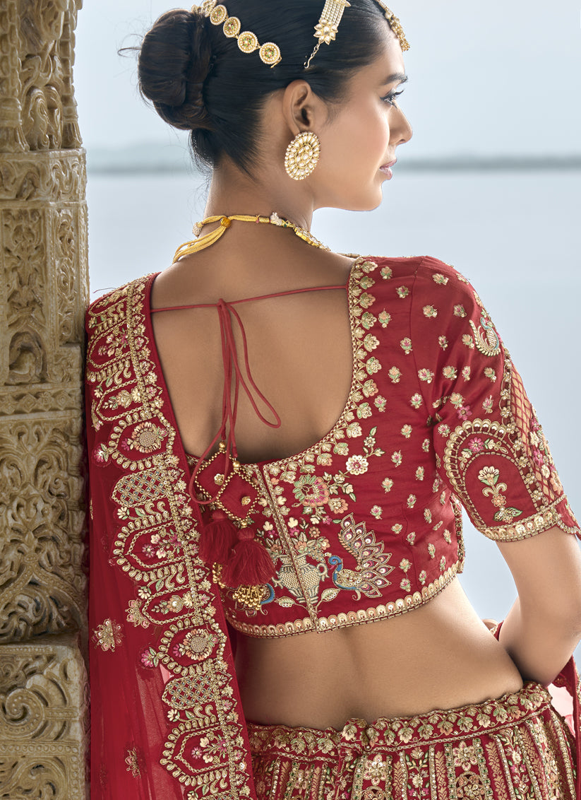 Crimson Red Silk Embroidered Bridal Lehenga Choli