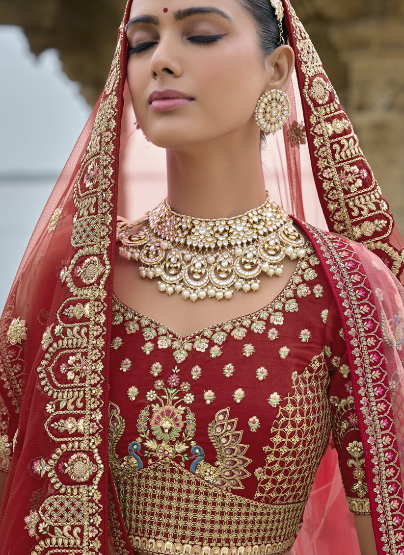 Crimson Red Silk Embroidered Bridal Lehenga Choli