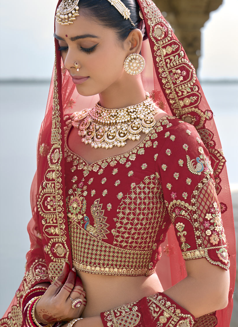 Crimson Red Silk Embroidered Bridal Lehenga Choli