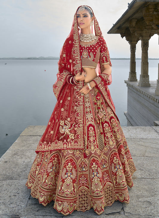 Crimson Red Silk Embroidered Bridal Lehenga Choli